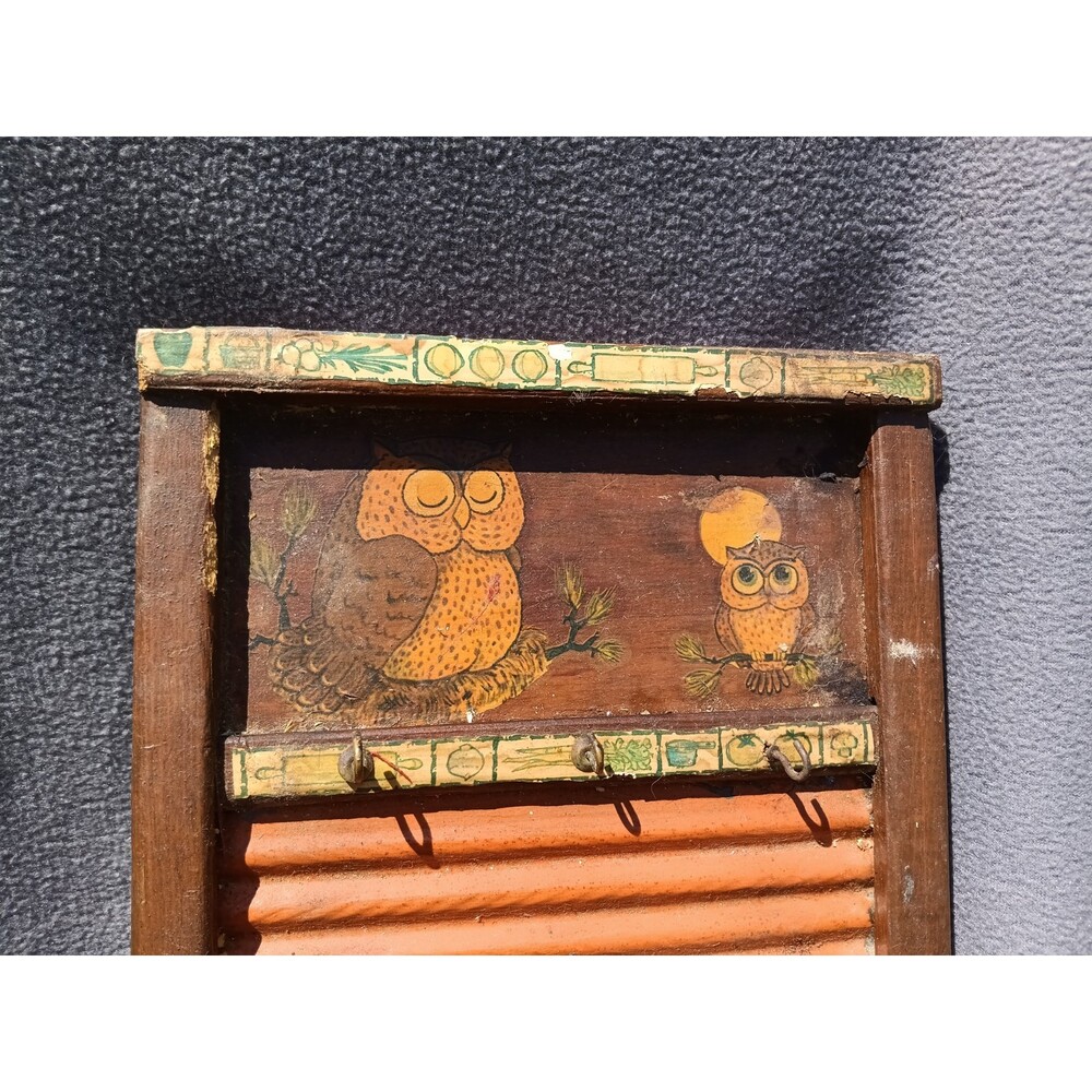 Folk Art Owl Washboard Key Rack Vintage Primitive Rustic Country Wall Décor - Picture 6 of 6